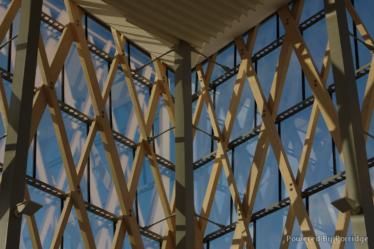 Part of the wood and glass structure the station is made of