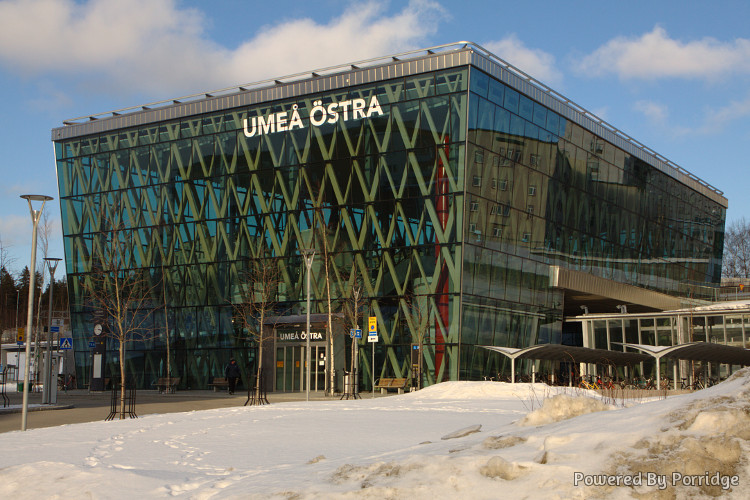 The Umeå East train station seen from the lower entrance